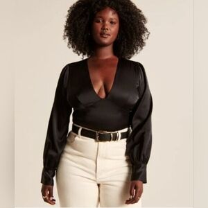 Abercrombie & Fitch Black Long Sleeve Satin Puff Sleeve V Neck Blouse Medium NWT